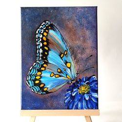 Original Blue Butterfly Acrylic Painting Insect Art on Canvas