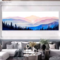Sunset Sunrise Mountains wall art print Long horizontal canvas landscape panorama painting Modern abstract earth tone