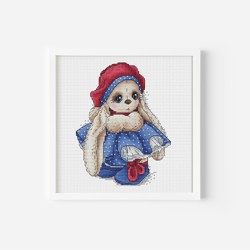 Lovely Bunny Girl in Blue Dress White Polka Dots Cross Stitch Pattern Adorable Rabbit Hand Embroidery Instant Download