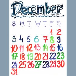 December 2023 watercolor lettering bright calendar | December 2023 cute colorful painted calendar (sketch style)