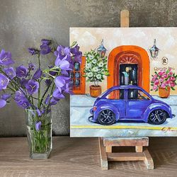 Cityscape painting Oil painting Small painting Purple car painting Mexican painting Mexican trip painting Wall decor
