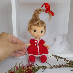 Amigurumi doll. Crochet red dress doll.