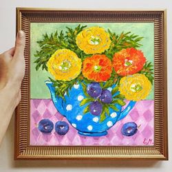 Still life painting Marigold flowers painting Blue vase painting Original oil painting Polka dot teapot Wall decor art