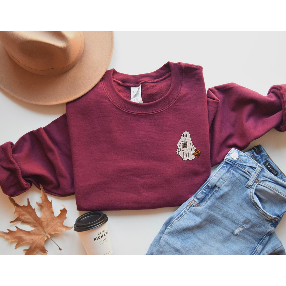 Embroidered Ghost Sweatshirt, Embroidered Fall Sweatshirt, Ghost With Coffee Sweatshirt, Halloween Embroidered Sweatshirt, Spooky Season3.png
