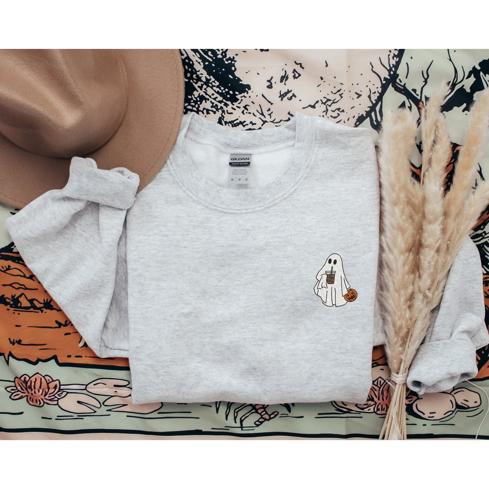 Embroidered Ghost Sweatshirt, Embroidered Fall Sweatshirt, Ghost With Coffee Sweatshirt, Halloween Embroidered Sweatshirt, Spooky Season4.png