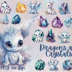 watercolor dragons and crystals png clipart,mythical creatures and gemstone clipart, dragons png,crystals png