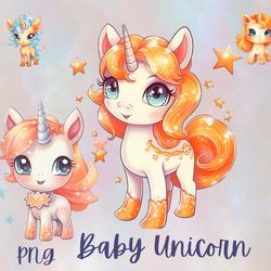 12 baby orange unicorns png clipart sublimation,cute unicorns, baby animals, cute unicorn clipart png