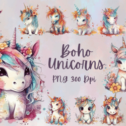 Boho unicorn clipart, cute unicorn clipart, unicorn png ,boho clipart, fantasy unicorn, unicorn illustration