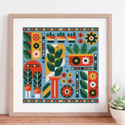 Modern cross stitch pattern Domestic Plants, Counted cross stitch sampler, Abstract embroidery digital pattern, PDF