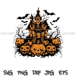 halloween haunted house svg with bats and jack-o-lanterns svg, png, clip art & image files