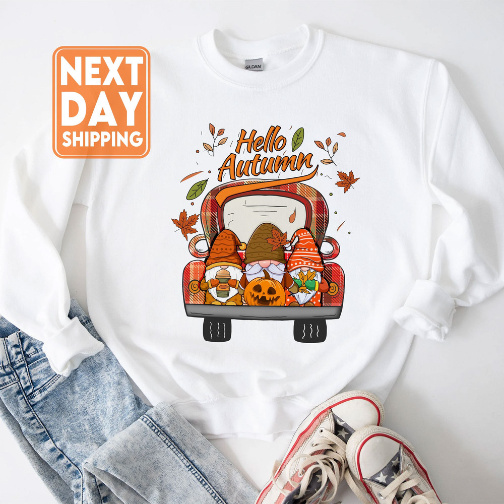 Hello Autumn Fall Gnomes Sweatshirt, Vintage Gnomes Plaid, Pumpkin Spice Coffee, Thanksgiving Gifts, Women's Fall Sweater, Autumn Leaves - 1.jpg