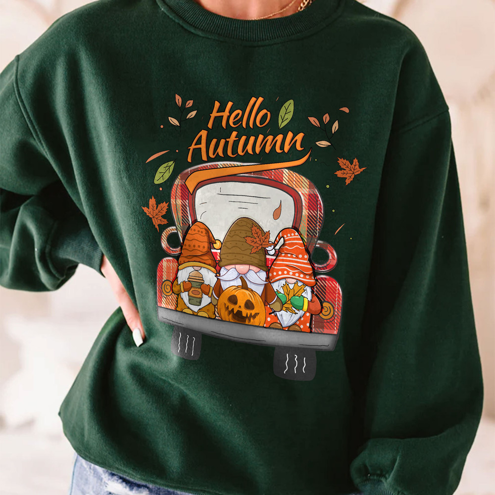 Hello Autumn Fall Gnomes Sweatshirt, Vintage Gnomes Plaid, Pumpkin Spice Coffee, Thanksgiving Gifts, Women's Fall Sweater, Autumn Leaves - 6.jpg