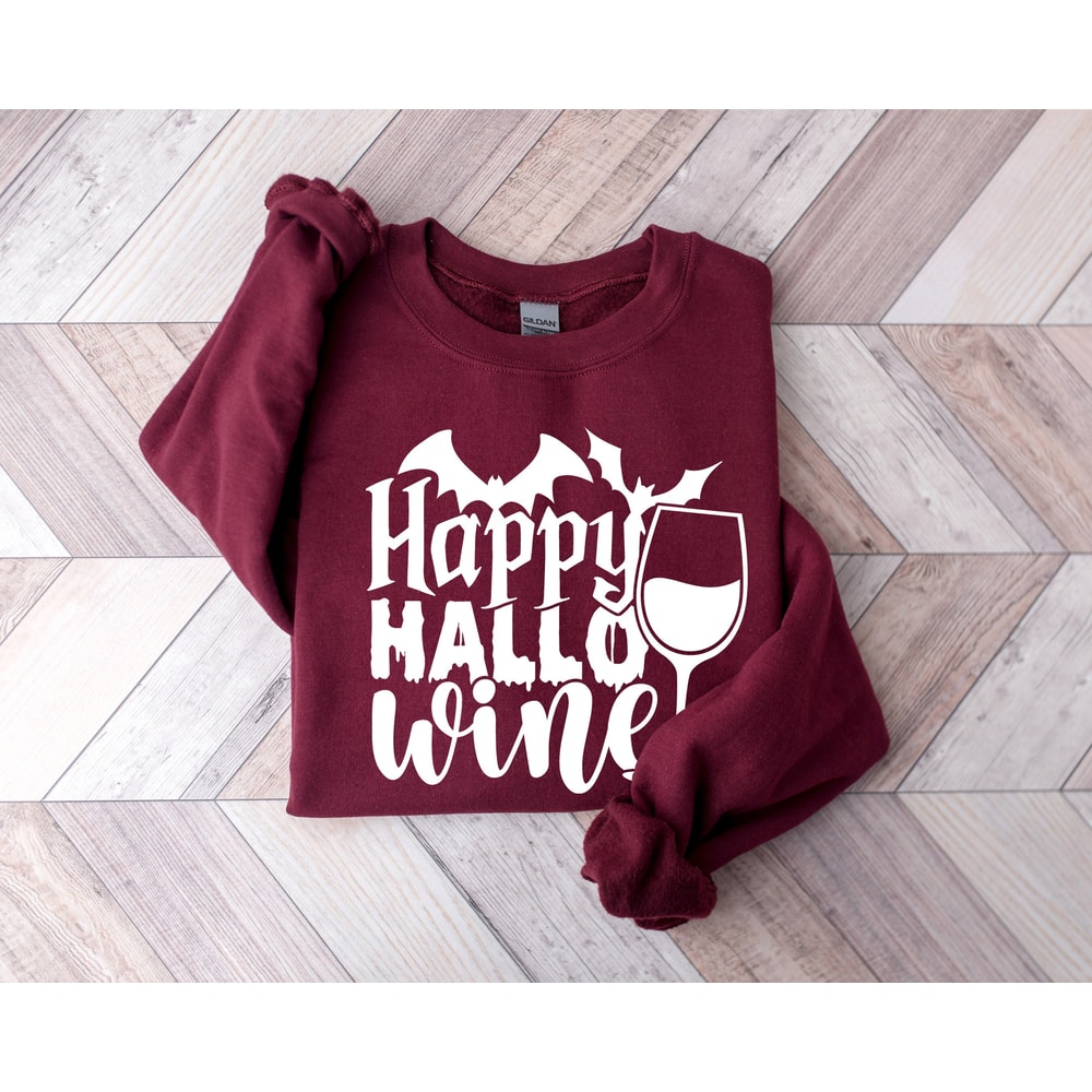 Halloween Sweatshirt, Happy Hallo Wine Sweatshirt, Funny Halloween Shirt, Halloween Wine Shirt, Halloween Gift, Spooky Season Sweatshirt - 1.jpg