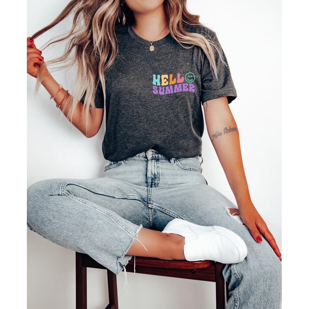 Hello Summer Shirt, Aesthetic Trendy T-Shirt, Summer Shirts For Women, Colorful Holiday T-Shirt, Family Vacation Apparel - 1.jpg
