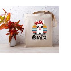 she's a bad mama llama tote bag, llama lovers tote bag, funny mama gift tote, eco friendly gift bag for mother, animal l