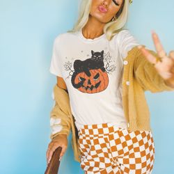 black cat on pumpkin shirt, t-shirt for fall, black cat shirt, halloween black cat design, halloween gift for cat owner,