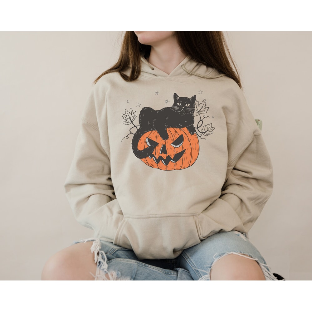 Black Cat on Pumpkin Sweatshirt, Sweater for fall, Black Cat Sweater, Halloween Black Cat Design, Spooky Season Halloween Gift for Cat Owner - 1.jpg