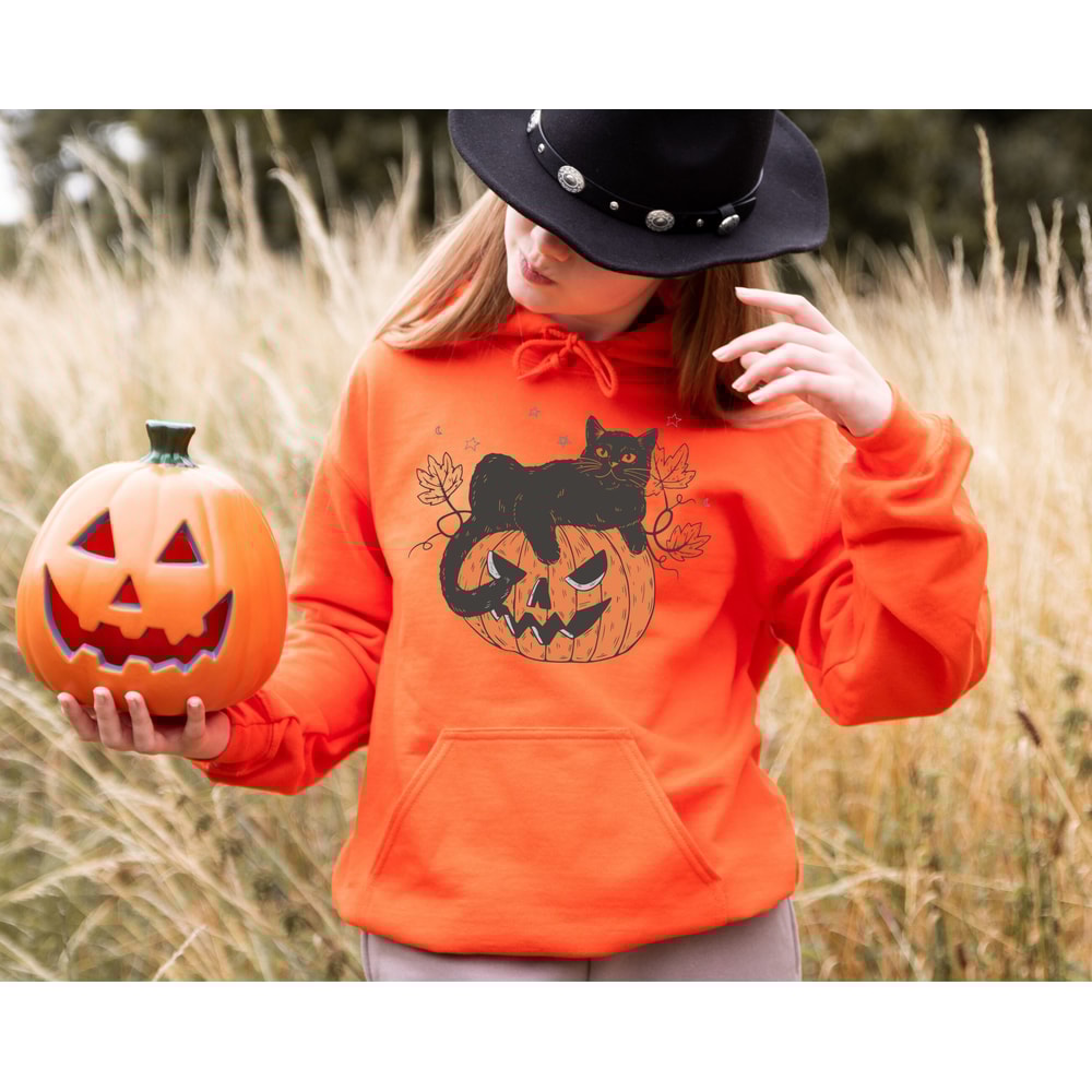 Black Cat on Pumpkin Sweatshirt, Sweater for fall, Black Cat Sweater, Halloween Black Cat Design, Spooky Season Halloween Gift for Cat Owner - 2.jpg