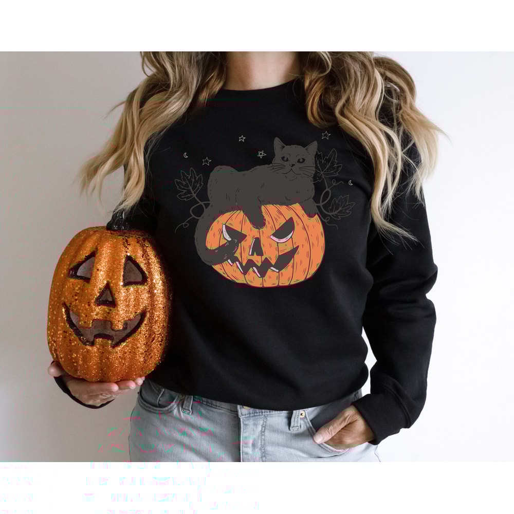 Black Cat on Pumpkin Sweatshirt, Sweater for fall, Black Cat Sweater, Halloween Black Cat Design, Spooky Season Halloween Gift for Cat Owner - 3.jpg