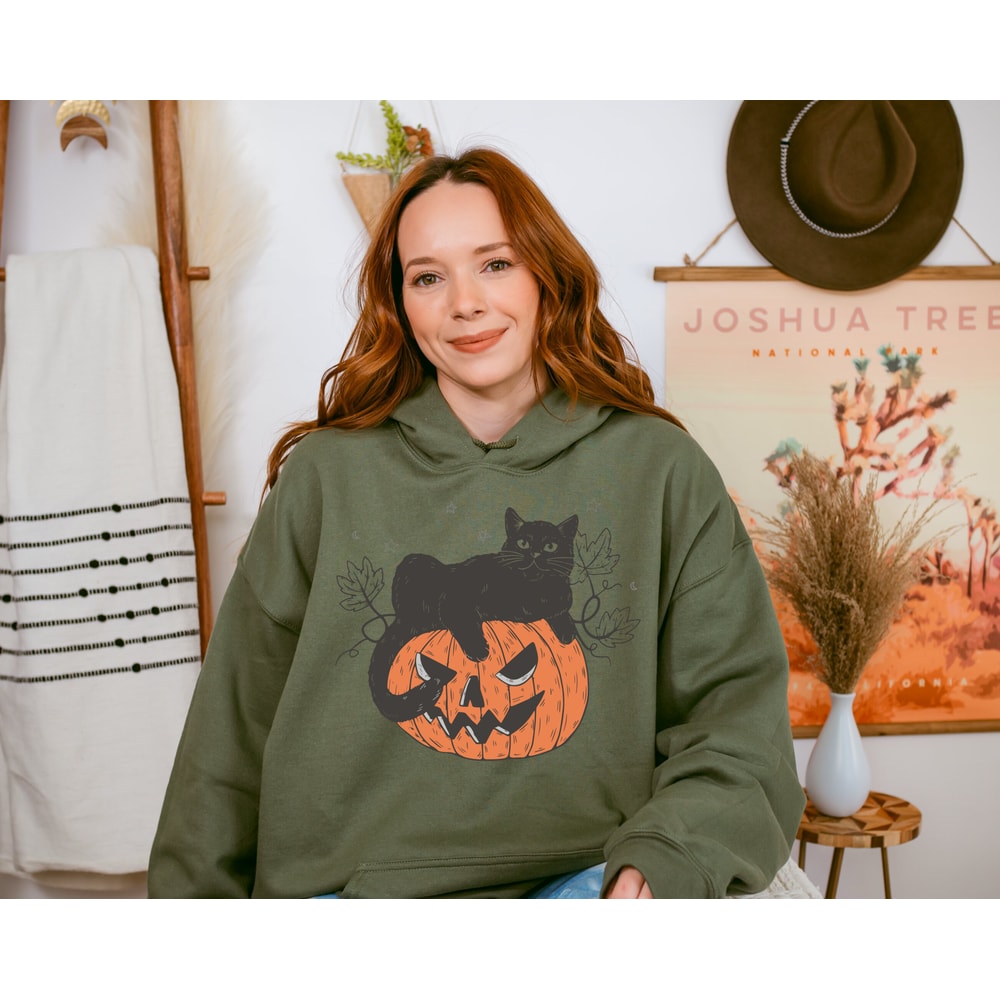 Black Cat on Pumpkin Sweatshirt, Sweater for fall, Black Cat Sweater, Halloween Black Cat Design, Spooky Season Halloween Gift for Cat Owner - 4.jpg