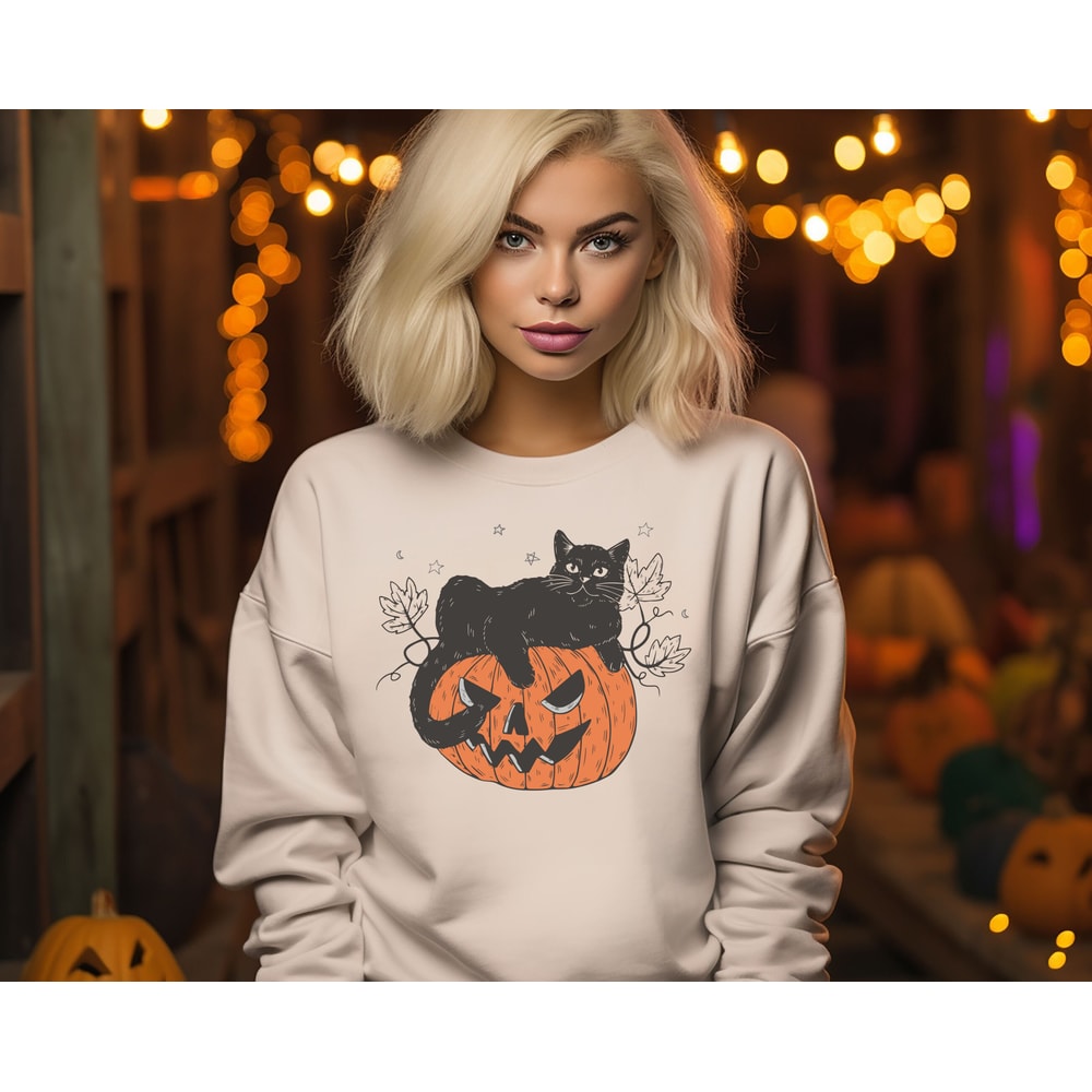 Black Cat on Pumpkin Sweatshirt, Sweater for fall, Black Cat Sweater, Halloween Black Cat Design, Spooky Season Halloween Gift for Cat Owner - 5.jpg