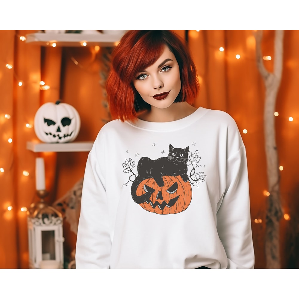 Black Cat on Pumpkin Sweatshirt, Sweater for fall, Black Cat Sweater, Halloween Black Cat Design, Spooky Season Halloween Gift for Cat Owner - 6.jpg