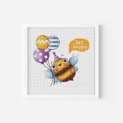 Bee Cross Stitch Pattern PDF, Hilarious Bumblebee Hand Embroidery, Insect Counted Cross Stitch, Instant Download Balloon