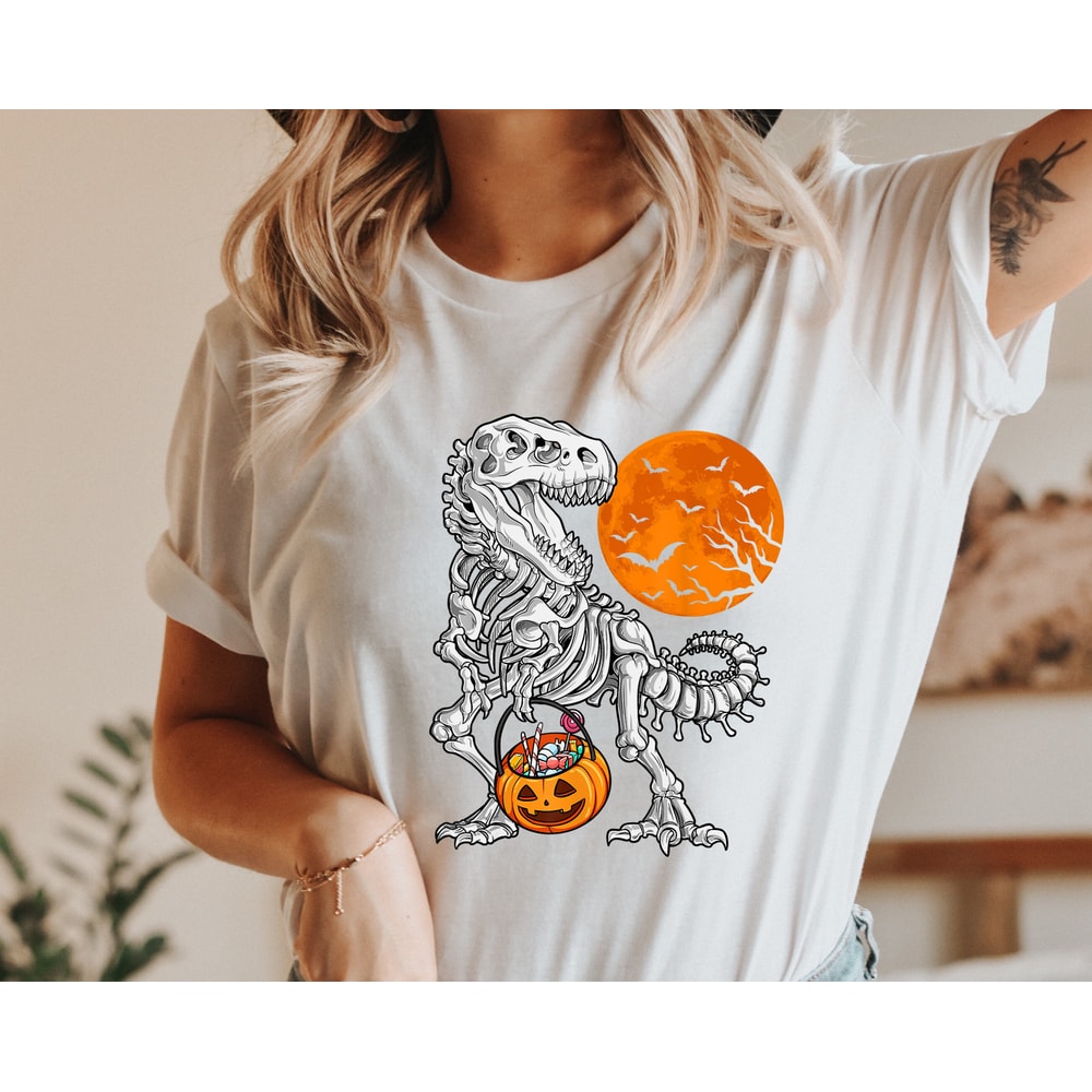 Halloween Skeleton Dinosaur Shirts, Kids Dinosaur Skeleton T-Rex Shirts, Scary and Spooky Dinosaur Tees, Cute Halloween Apparel For Kids - 3.jpg
