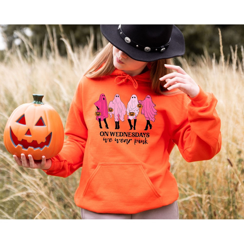On Wednesday We Wear Pink Ghost Sweatshirt, Mean Girls Ghost Hoodie, Pink Ghost Shirt, Mean Girls Halloween, Spooky Halloween Sweatshirt - 1.jpg