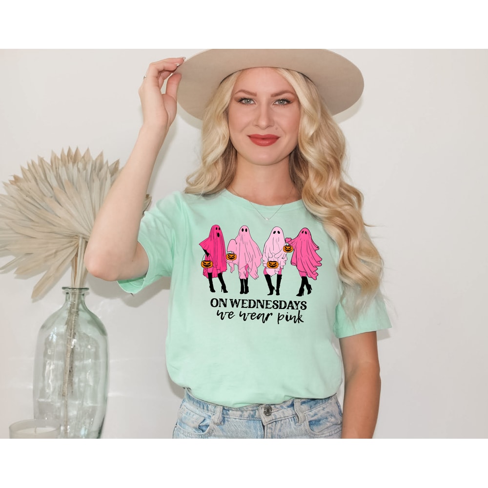 On Wednesday We Wear Pink Ghost Shirt, Mean Girls Ghost Shirt, Pink Ghost Shirt, Mean Girls Halloween, Spooky Pumpkin Halloween Shirt - 3.jpg