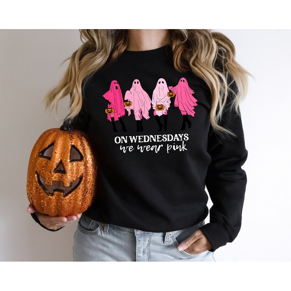 On Wednesday We Wear Pink Ghost Sweatshirt, Mean Girls Ghost Hoodie, Pink Ghost Shirt, Mean Girls Halloween, Spooky Halloween Sweatshirt - 2.jpg