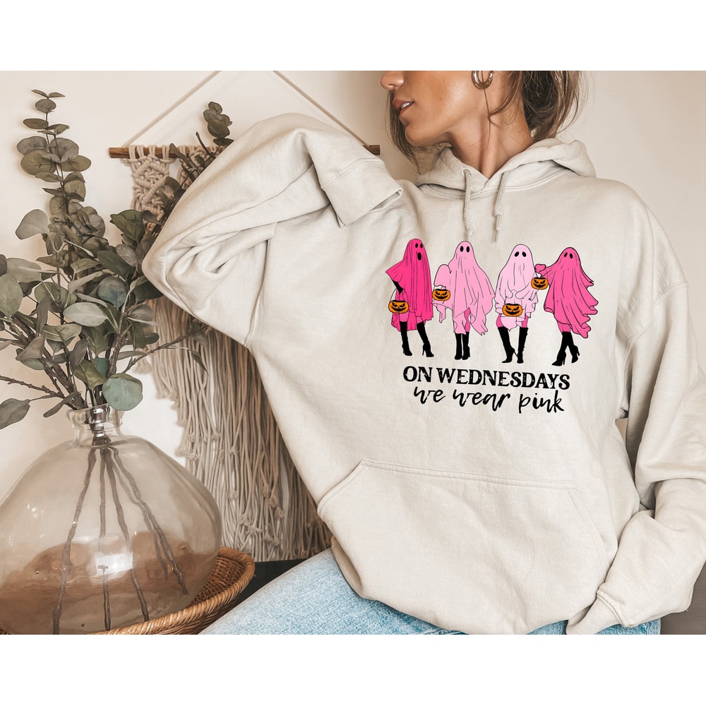 On Wednesday We Wear Pink Ghost Sweatshirt, Mean Girls Ghost Hoodie, Pink Ghost Shirt, Mean Girls Halloween, Spooky Halloween Sweatshirt - 3.jpg
