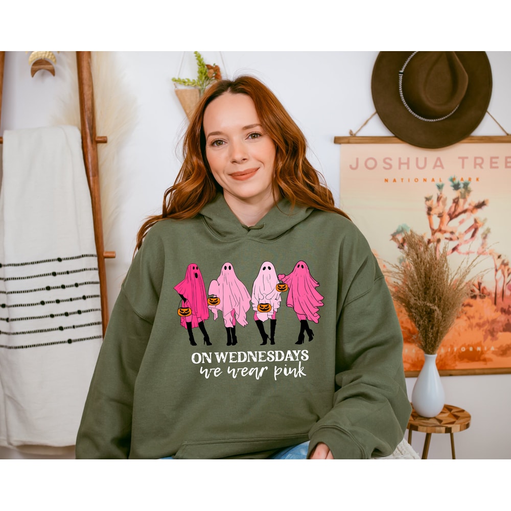 On Wednesday We Wear Pink Ghost Sweatshirt, Mean Girls Ghost Hoodie, Pink Ghost Shirt, Mean Girls Halloween, Spooky Halloween Sweatshirt - 4.jpg