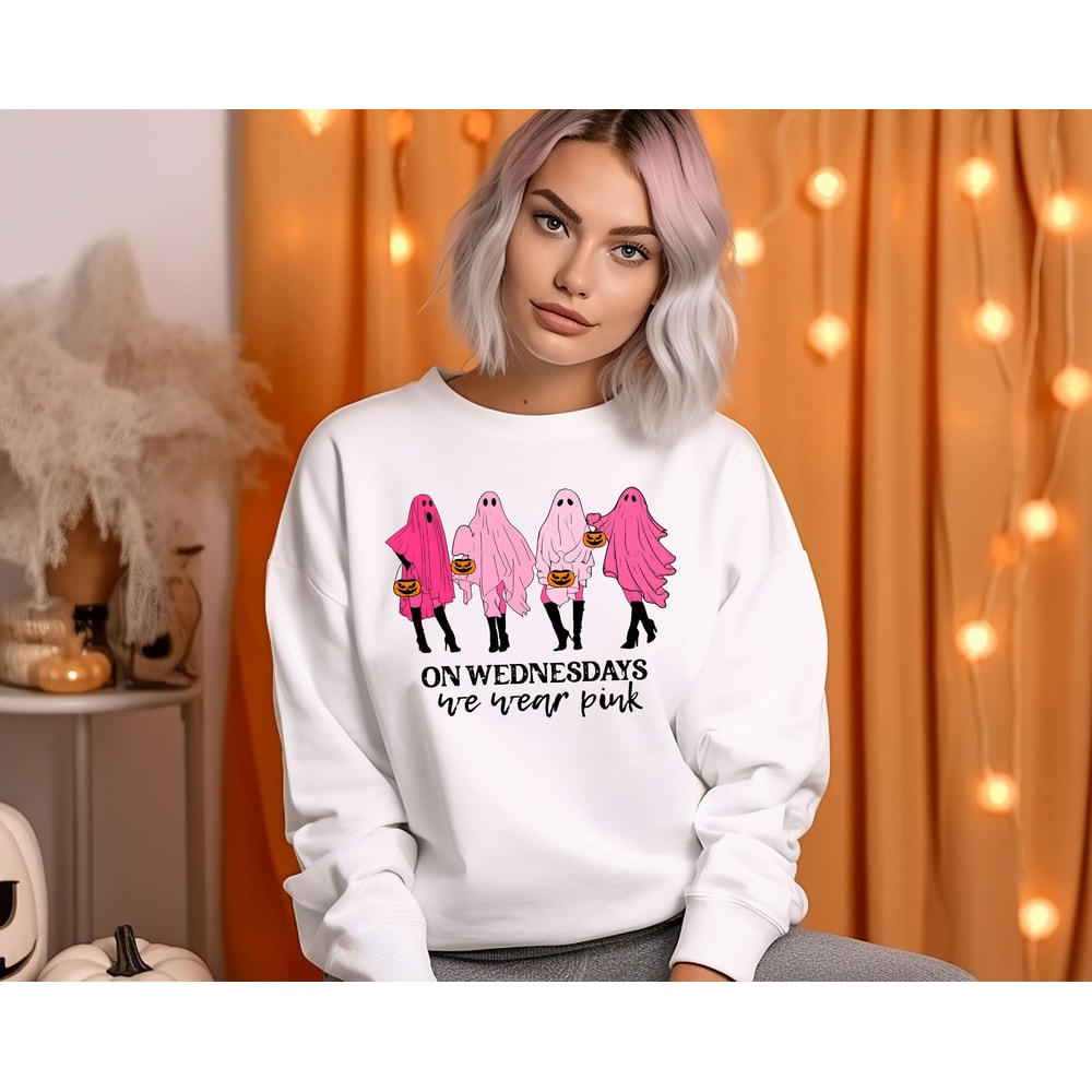 On Wednesday We Wear Pink Ghost Sweatshirt, Mean Girls Ghost Hoodie, Pink Ghost Shirt, Mean Girls Halloween, Spooky Halloween Sweatshirt - 5.jpg