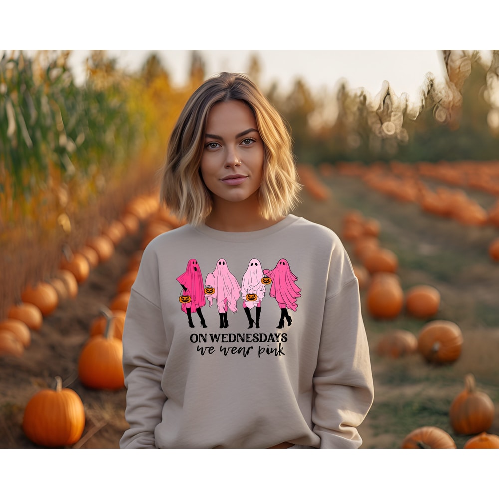 On Wednesday We Wear Pink Ghost Sweatshirt, Mean Girls Ghost Hoodie, Pink Ghost Shirt, Mean Girls Halloween, Spooky Halloween Sweatshirt - 6.jpg