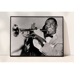 Louis Armstrong Poster, Black and White, Vintage Photo, Music Studio Decor, Vintage Jazz Poster, Digital Download, Music