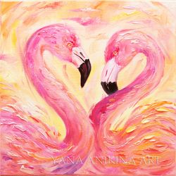 Flamingo Oil Painting On Canvas Two Flamingo Original Painting Artwork Handmade 12 x 12 inches