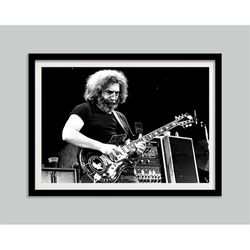 the grateful dead jerry garcia poster, black and white, vintage print, retro wall art, music studio decor, guitar player