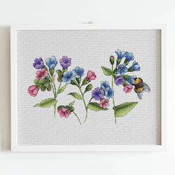 Bumble Bee Cross Stitch Pattern PDF, Wild Flowers Lungwort Counted Cross Stitch, Bee Hand Embroidery Instant Download