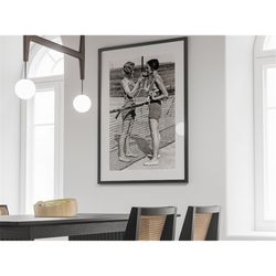 tennis girls smoking cigarette print, vintage wall art, feminist prints sports poster, fashion, black and white photo, c