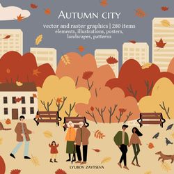 fall scene clipart, autumn poster with people at city park, fall season printable card, autumn vibes wall art print