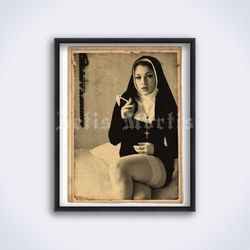 Smoking nun wearing silk stockings vintage photo printable art print poster Digital Download