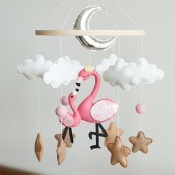 Flamingo baby mobile, Safari baby felt mobile, Crib mobile moon and clouds mobile