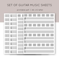 Set of guitar music sheet. Printable guitar tab paper. Blank guitar tab printable. Guitar tablature paper.