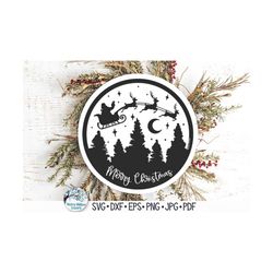 merry christmas svg for cricut, santa claus sleigh and reindeer flying over trees, round christmas eve vinyl decal cut f