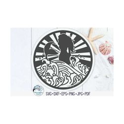 Mermaid SVG, Beach Girl Swimming In Ocean Waves and Sun, Mermaid Sign, Nautical Png, Summer Circle, Ocean Dxf, Vinyl Dec