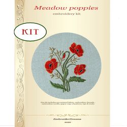 Hand embroidery kit red poppy , craft kit for Beginners and Beyond, easy embroidery wreath