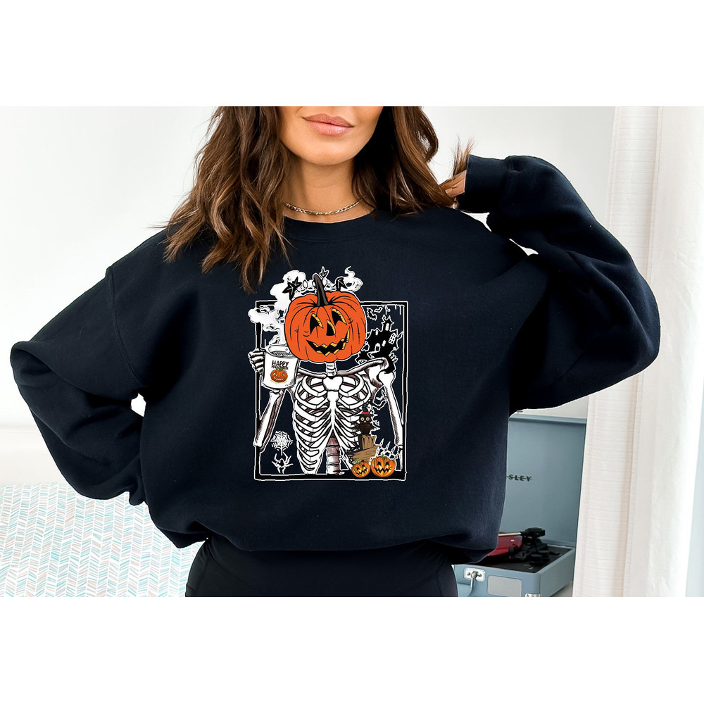 Halloween Skeleton Pumpkin Sweatshirt, Dancing Skeleton Shirt, Halloween Sweater, Pumpkin Sweatshirt, Spooky Skeleton Shirt, Fall Sweatshirt - 1.jpg