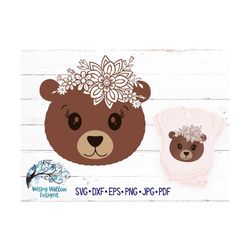Bear SVG for Cricut, Girl Teddy Bear Face with Flowers, Cute Baby Bear Mandala, Floral Animal Clipart Png, Vinyl Decal C