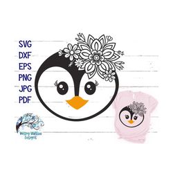 Floral Penguin SVG for Cricut, Cute Baby Penguin Face With Flowers, Girl Penguin with Flower Mandala Headband, Vinyl Dec
